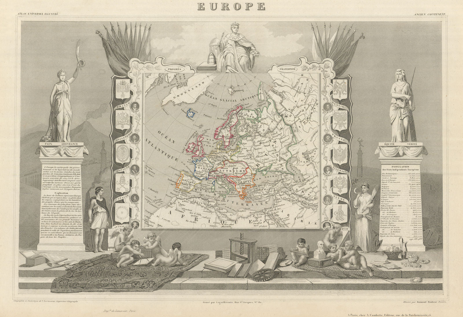 EUROPE. Decorative antique map/carte by Victor LEVASSEUR 1856 old